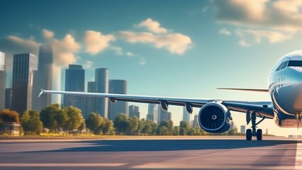Wall Mural - travel airplane landing in beautiful city cinematic wallpaper
