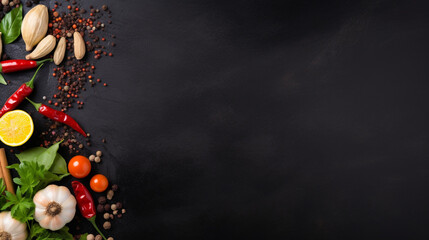  Black stone cooking background. Spices and vegetables. Top view. copyspace. Generative AI