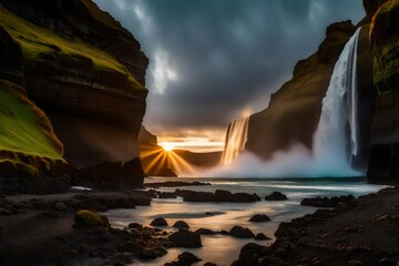 Wall Mural - **Majestic waterfall located on entrance of grassy stone cave against cloudy sundown sky on seashore in Iceland.