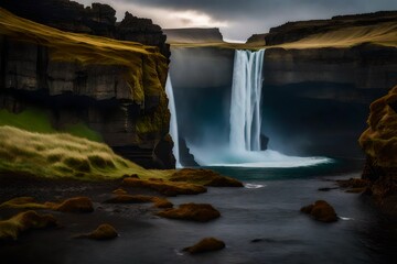 Wall Mural - Majestic waterfall located on entrance of grassy stone cave against cloudy sundown sky on seashore in Iceland.