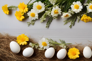 Wall Mural - eggs and flowers on hay, spawning on a farm: a flat overhead space generative ai