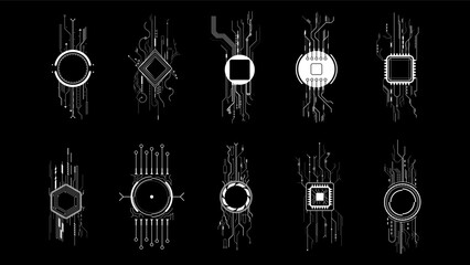 Poster - Set Abstract Collection Black Simple Line Cpu, Computer, Technology Doodle Outline Element Vector Design Style Sketch Isolated On White Background Illustration