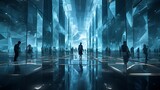 Fototapeta  - futuristic hall of mirrors, the floor is shallow crystal blue water