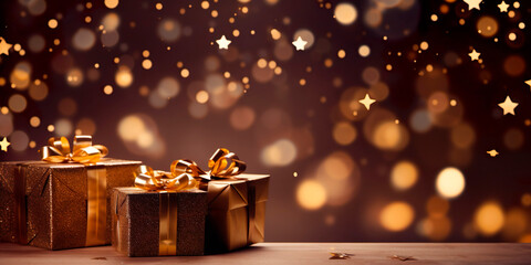 Wall Mural - abstract festive glitter shiny background with  presents, bokeh, glowing