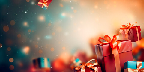 Wall Mural - abstract festive glitter shiny background with  presents, bokeh, glowing