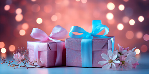 Wall Mural - abstract festive glitter shiny background with  presents, bokeh, glowing