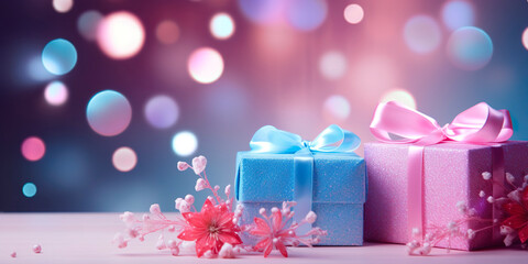 Wall Mural - abstract festive glitter shiny background with  presents, bokeh, glowing