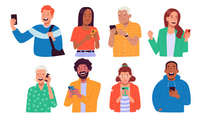People use phones. Set of characters of men and women of different ages using smartphones