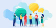 © DIMENSIONS - In the illustration, people stand engaged in lively conversation, depicted with speech bubbles emanating vibrant colors, capturing the dynamic and animated nature of their chat.