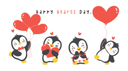 Wall Mural - Cute penguins with heart cartoon drawing, Kawaii Valentine animal character illustration banner.