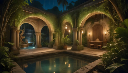 Wall Mural - A hidden jungle place with stone furniture, vines, secret garden, golden water fountain ai generation