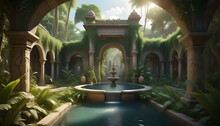 A Hidden Jungle Place With Stone Furniture, Vines, Secret Garden, Golden Water Fountain Ai Generation