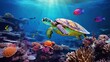 Photo of turtles swimming on Coral reefs in shallow seas, filled with marine plants and beautiful ecosystems
