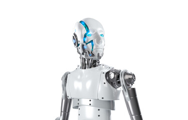 Poster - 3D render of AI humanoid robot with digital graphic brain engine inside head isolated on transparent background, 3D illustration