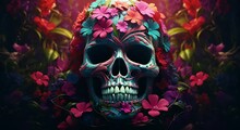 Animated Decorative Skull Surrounded By Colorful Blooming Flowers