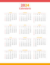 Spanish Calendar Planner For 2024. Annual Vertical Template Vector Illustration. Full Months For Wall Calendar. Spanish Language, Week Starts From Sunday.