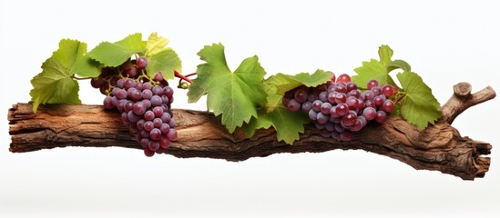 Old vine branch with green leaves holds red wine grapes.