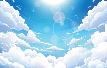 blue sky with clouds. anime style background with shining sun and white fluffy clouds. sunny day sky