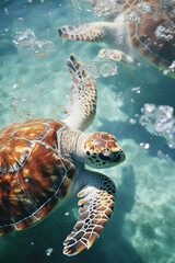 Poster - Abstract representations of sea turtles, the oceanic guardians facing threats, to raise awareness about their conservation.