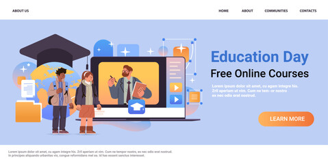  mix race students watching free online courses on laptop education day live webinar e-learning concept copy space