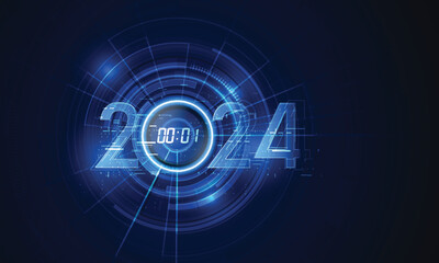 Poster - Happy New Year 2024 celebration with abstract digital clock on futuristic technology background, countdown concept, Can adjust digital number, vector illustration