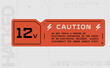 Cyberpunk style decal. Vector car service sticker in futuristic style. Inscription Caution 12v 