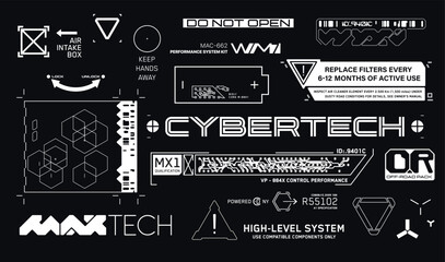 Wall Mural - Cyberpunk style decals set. Set of vector car service stickers and labels in futuristic style. Inscriptions and symbols