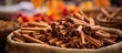 Cinnamon sticks freshly cut and displayed on Sri Lankan fruit market stall. Seasonal harvest.