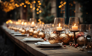 Canvas Print - Wedding  table setting. hall decoration with a lot of string lights and candles. festive table decor on the terrace