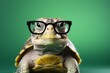Cute little green turtle with glasses in front of studio background 
