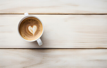 Wall Mural - heart shape coffee cup on white wooden table top view