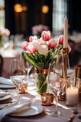 Canvas Print - wedding table setting with flowers tulips and candle