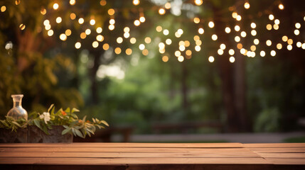 wooden table, with blurred garden background ribbons, garland behind