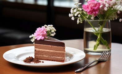 Wall Mural - chocolate cake on a plate, flowers in cafe