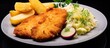 Breaded chicken cutlet with potatoes and cabbage.