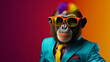 A cool monkey in a business suit in rainbow colors