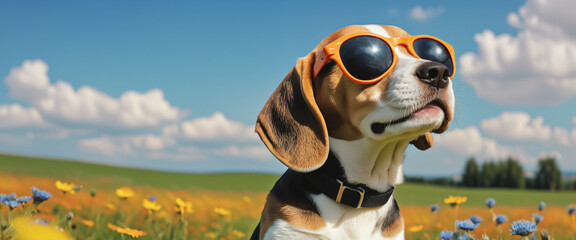 Wall Mural - Dog wearing sunglasses in a sunny meadow
