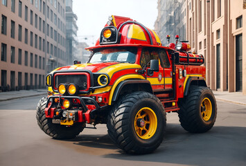 Wall Mural - a four-wheel drive fire truck designed to look like a cartoon firefighter character