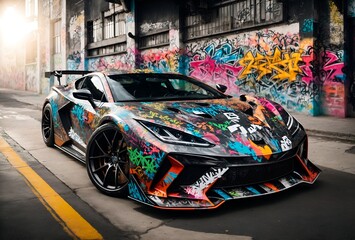 Wall Mural - a modern sports car with a graffiti-style design