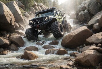 Wall Mural - an extreme 4X4 vehicle maneuvering with difficulty between large rocks and water