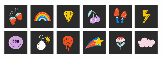 Fototapete - naive playful abstract shapes sticker pack. groovy circle oval rectangle arch eyes typography in tre