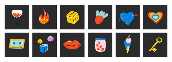 Fototapete - naive playful abstract shapes sticker pack. groovy circle oval rectangle arch eyes typography in tre