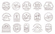 Line art adventure badges. Outline travel emblems with outdoor landscapes. Minimal mountain, island, desert and wild forest tags vector set