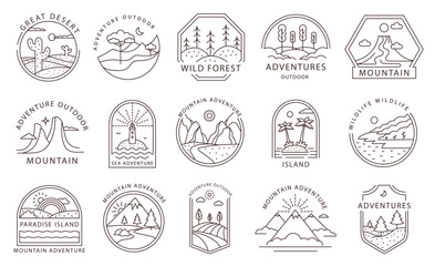 Line art adventure badges. Outline travel emblems with outdoor landscapes. Minimal mountain, island, desert and wild forest tags vector set