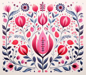 Wall Mural - Watercolor Scandinavian Folk Art Pink Love flower