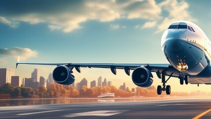 Wall Mural - travel airplane landing in beautiful city cinematic wallpaper