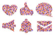 Top view isometric crowd icons. Heart shape, thumb up like, social speech balloon comment, notification bell and email envelope symbol