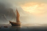Fototapeta  - Sailing viking row ships on river. Drakkar, longships. Scandinavian warrior Generative ai