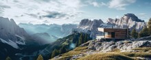 Finnish Sauna On The Top Of Mountain In The Dolomites Italian Alps. Generative Ai