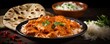 tikka masala spicy curry meat food Butter chicken with bread on dark backround. Generative ai